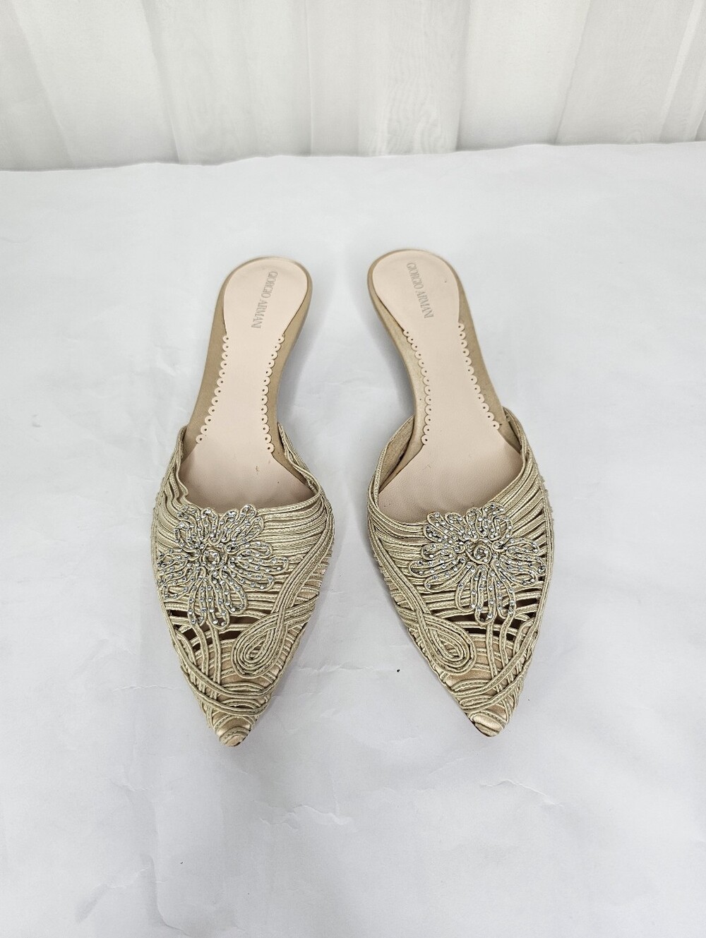Vintage Giorgio Armani Corded Metallic Gold Embellished Mule Kitten Heel Size 38 - Picture 5 of 9